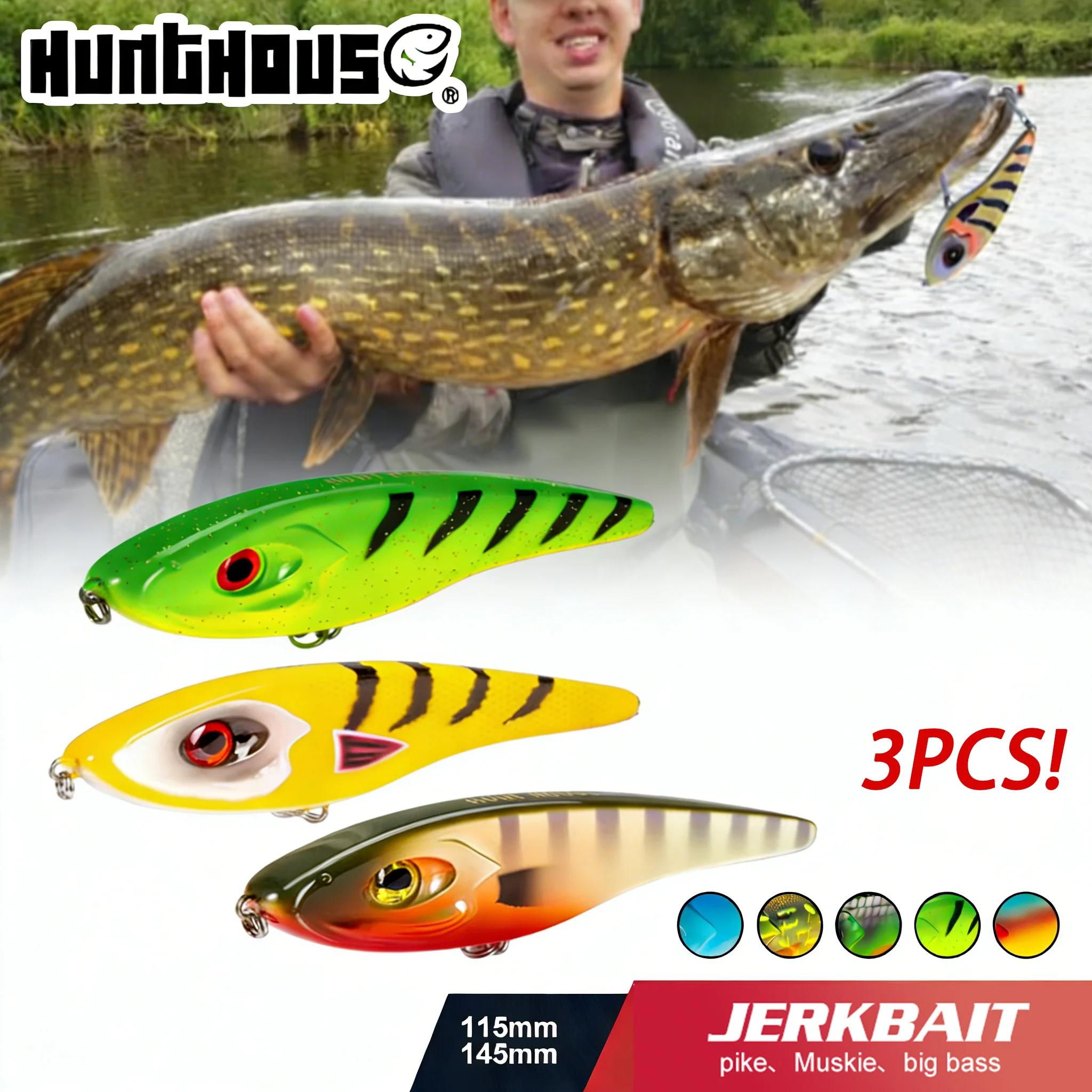 Hunthouse 3PCS Jerkbait Pike Fishing Lure 115mm/32g 145mm/55g Jerk Pencil Baits Slow Sinking Artificial Bass Pesca Leurre Perch
Hunthouse 3PCS Jerkbait Pike Fishing Lure 115mm/32g 145mm/55g Jerk Pencil Baits Slow Sinking Artificial Bass Pesca Leurre Perch