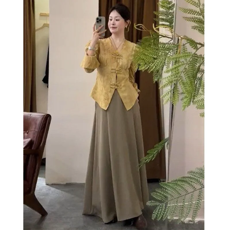 New Chinese Plus Size Suit Women's Spring and Summer Retro Yellow Button-down Blouse+Long skirt 2-piece S-4XL
New Chinese Plus Size Suit Women's Spring and Summer Retro Yellow Button-down Blouse+Long skirt 2-piece S-4XL