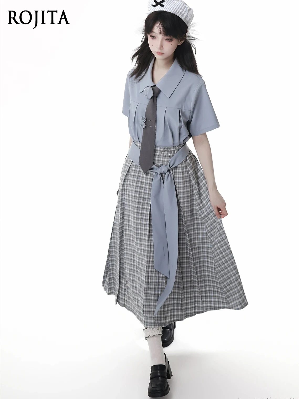 Sweet Cool Gray-blue Splicing Plaid Skirt Sets Elegant Preppy Style Short-sleeved Shirt Elastic Waist A-line Skirt Two-piece Set
Sweet Cool Gray-blue Splicing Plaid Skirt Sets Elegant Preppy Style Short-sleeved Shirt Elastic Waist A-line Skirt Two-piece Set