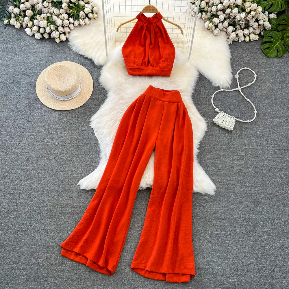 Summer Vacation Fashion Set Women's Hanging Neck Off Shoulder Slim Fit Top High Waist Slim Wide Leg Pants Two Piece Set
Summer Vacation Fashion Set Women's Hanging Neck Off Shoulder Slim Fit Top High Waist Slim Wide Leg Pants Two Piece Set
