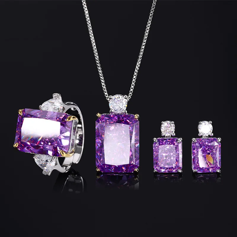 Rectangle Shape Purple Color Crush Ice Cut High Carbon Diamond Pendant Necklace Stud Earrings Adjustable Ring Zircon Jewelry Set
Rectangle Shape Purple Color Crush Ice Cut High Carbon Diamond Pendant Necklace Stud Earrings Adjustable Ring Zircon Jewelry Set