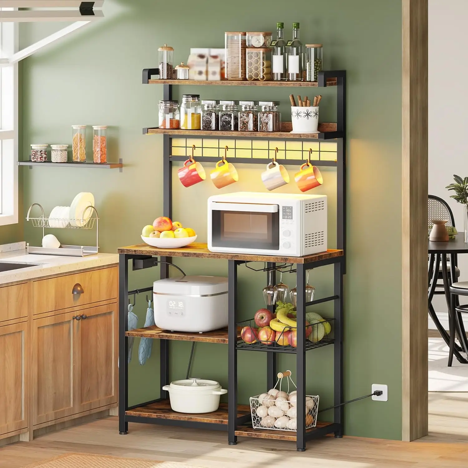 Bakers Rack with Power Outlet, Microwave Stand with 6 S-Shaped Hooks, 5 Tiers Coffee Bar with LED Light, Kitchen Storage
Bakers Rack with Power Outlet, Microwave Stand with 6 S-Shaped Hooks, 5 Tiers Coffee Bar with LED Light, Kitchen Storage