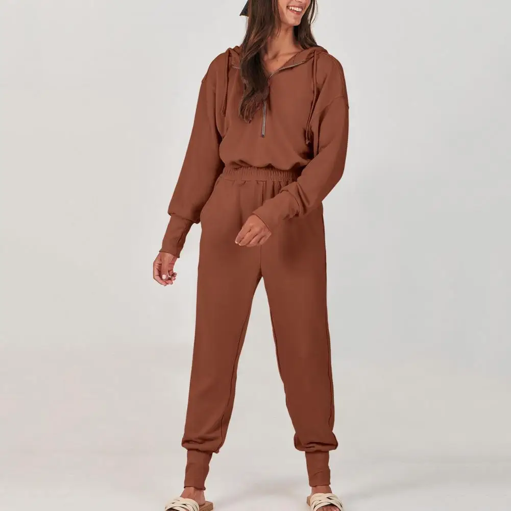 Sporty Style Jumpsuit Sporty Hooded Women's Jumpsuit with Elastic Waist Drawstring Long Sleeve Solid Color Ankle-banded Fake
Sporty Style Jumpsuit Sporty Hooded Women's Jumpsuit with Elastic Waist Drawstring Long Sleeve Solid Color Ankle-banded Fake