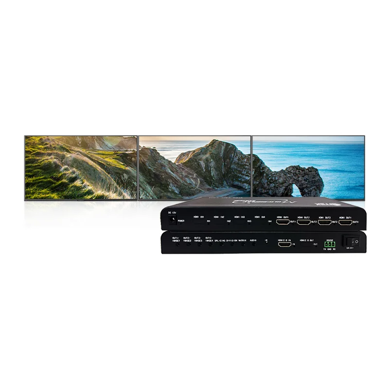 4K60Hz HDMI Input 4CH HDMI Output Multi Splicing Modes Front Panel Button Control Upper Computer Debug for TV Wall Project
4K60Hz HDMI Input 4CH HDMI Output Multi Splicing Modes Front Panel Button Control Upper Computer Debug for TV Wall Project
