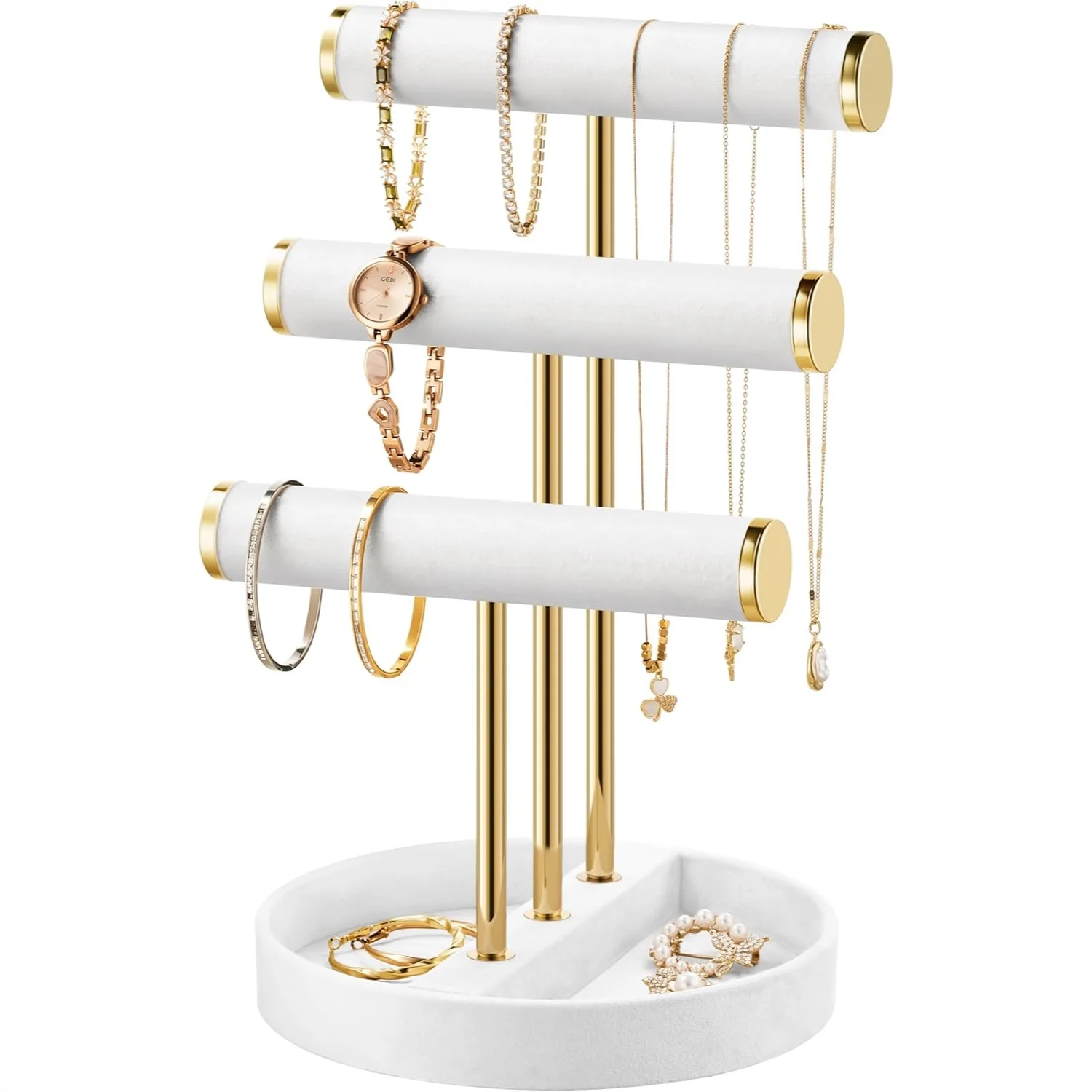 Jewelry Organizer Display Stand - 3 Tier T Bar Velvet Holder for Necklaces, Bracelets, Earrings and Rings, Elegant White Storage
Jewelry Organizer Display Stand - 3 Tier T Bar Velvet Holder for Necklaces, Bracelets, Earrings and Rings, Elegant White Storage