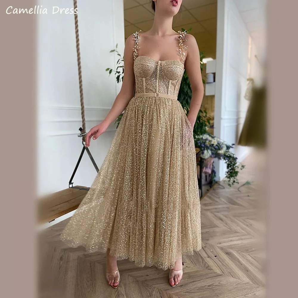 Gold Glitter Tulle Prom Dress Beaded Straps Tea Long Prom Dress Pocket Formal Party Dress Custom Robes De Soirée فستان سهرة
Gold Glitter Tulle Prom Dress Beaded Straps Tea Long Prom Dress Pocket Formal Party Dress Custom Robes De Soirée فستان سهرة