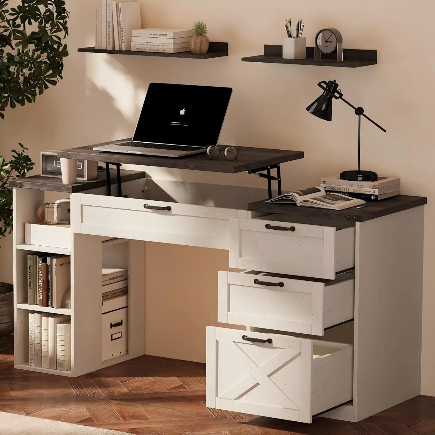 Rustic Lift Top Desk Adjustable Height Wood 3 Drawers Open Shelves White Brown Home Office Work Study Writing Desk Customized
Rustic Lift Top Desk Adjustable Height Wood 3 Drawers Open Shelves White Brown Home Office Work Study Writing Desk Customized