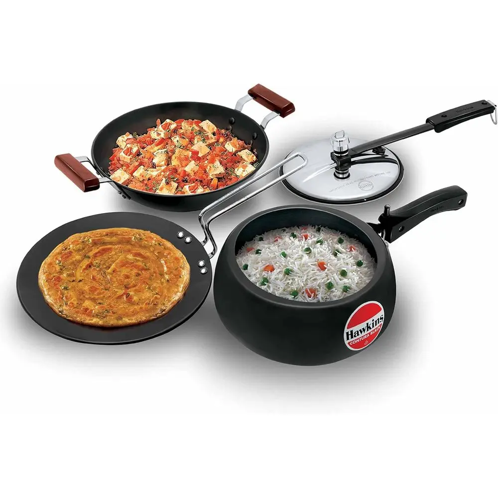 Non-stick Aluminum Cookware Set: Tava, Deep Frying Pan, Pressure Cooker Lid, Black
Non-stick Aluminum Cookware Set: Tava, Deep Frying Pan, Pressure Cooker Lid, Black