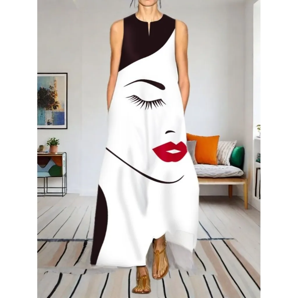 Elegant Dress with Personalized Facial Pattern Print, Casual V-neck Sleeveless Beach Dress
Elegant Dress with Personalized Facial Pattern Print, Casual V-neck Sleeveless Beach Dress