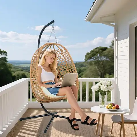 Hanging Egg Chair with Cushions Comfortable Chair with Stand for Patio Stylish and Relaxing 350LBS Capacity Indoor Outdoor Beige