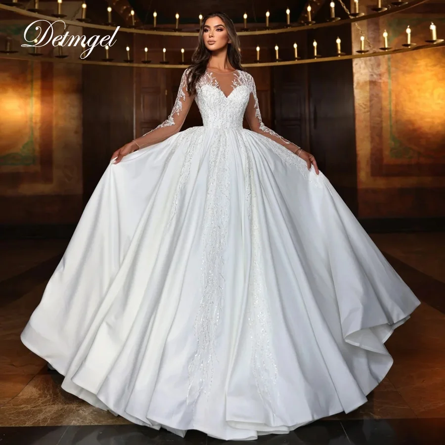Detmgel New Scoop Neck A-Line Wedding Dress Shiny Beaded Appliques Satin Court Train Bridal Dresses vestido de noiva Customized
Detmgel New Scoop Neck A-Line Wedding Dress Shiny Beaded Appliques Satin Court Train Bridal Dresses vestido de noiva Customized
