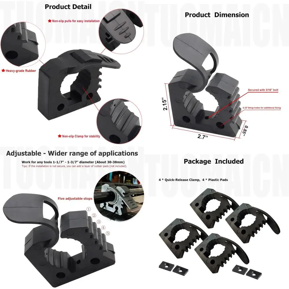 Quick Release Rubber Clamp Mount Kit 1-1/5"~1-1/2" in Diameter, RV Van Trucks UTV Car Accessories Tool Organizer Parts, 12 Pcs
Quick Release Rubber Clamp Mount Kit 1-1/5"~1-1/2" in Diameter, RV Van Trucks UTV Car Accessories Tool Organizer Parts, 12 Pcs