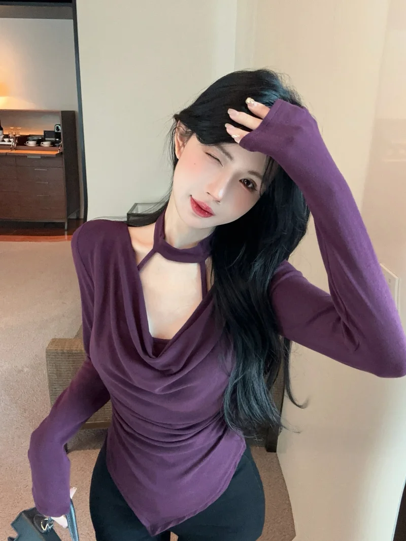 Elegant Women's Long Sleeve One Shoulder Neckline Base Shirt Autumn Winter New Style Sexy V-Neck Purple Bottoming Top
Elegant Women's Long Sleeve One Shoulder Neckline Base Shirt Autumn Winter New Style Sexy V-Neck Purple Bottoming Top