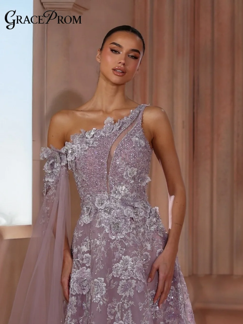 Enchanting Lavender One Shoulder Evening Gown Formal 3D Floral Lace Sheer Cape Sleeve Party Dress for Wedding Guests فساتين سهرة
Enchanting Lavender One Shoulder Evening Gown Formal 3D Floral Lace Sheer Cape Sleeve Party Dress for Wedding Guests فساتين سهرة