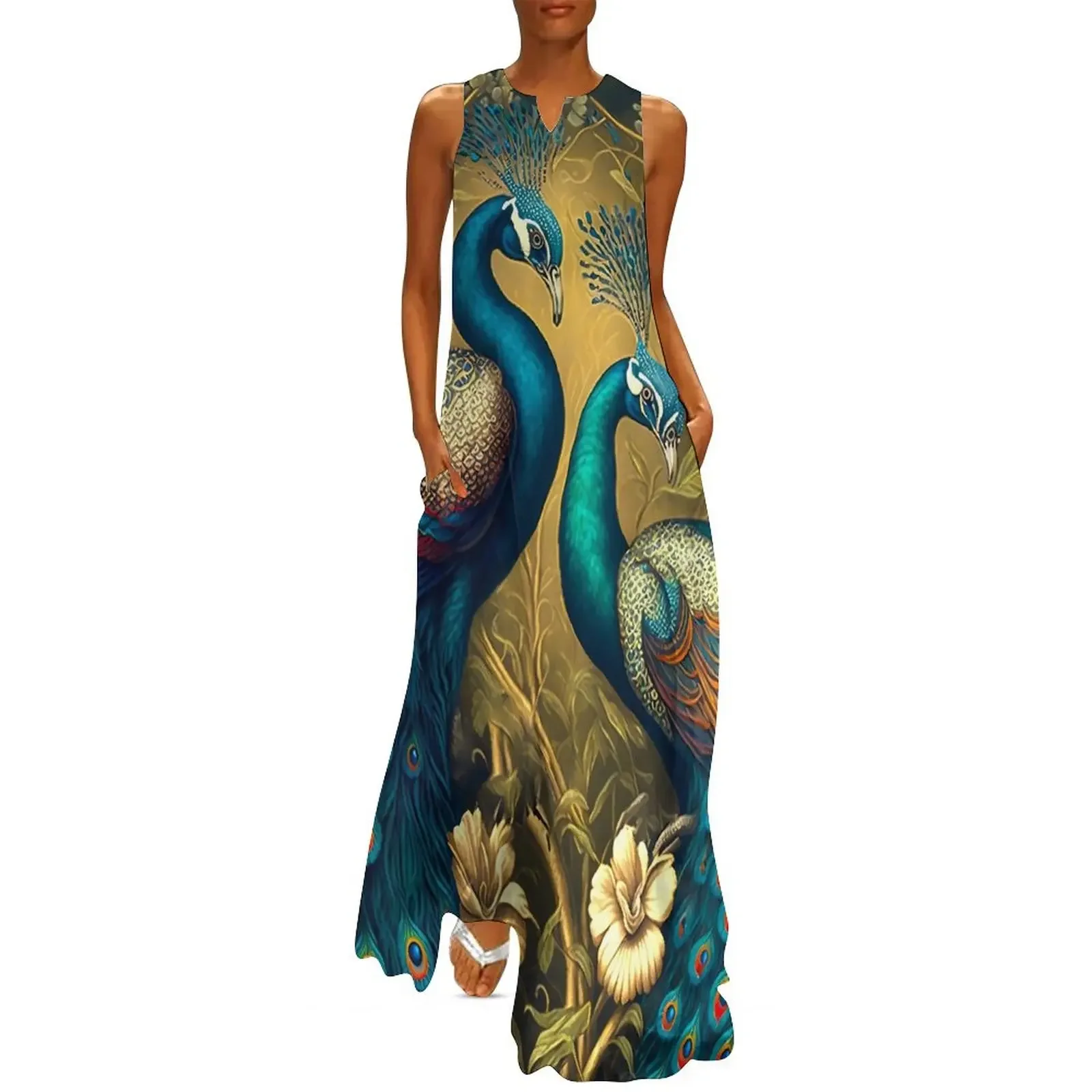 Elegant Peacock Dress Summer Golden Animal Feathers Boho Beach Long Dresses Ladies Vintage Sleeveless V-neck Casual Maxi Dresses
Elegant Peacock Dress Summer Golden Animal Feathers Boho Beach Long Dresses Ladies Vintage Sleeveless V-neck Casual Maxi Dresses
