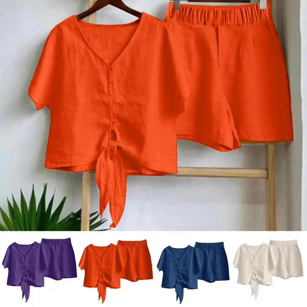 Casual V-neck Top Suit Women's V Neck Shirt Shorts Set with Lace-up Knot Detail Casual Summer Outfit for Ladies Women Breathable
Casual V-neck Top Suit Women's V Neck Shirt Shorts Set with Lace-up Knot Detail Casual Summer Outfit for Ladies Women Breathable