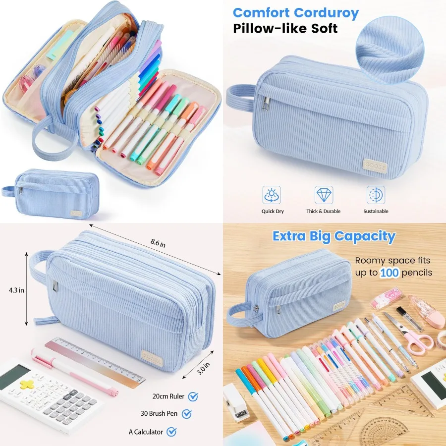 Sooez Пенал большой емкости Мягкий вельветовый пенал с 4 отделениями и несколькими карманами Большая сумка-карандаш с прочным Zi
Sooez Пенал большой емкости Мягкий вельветовый пенал с 4 отделениями и несколькими карманами Большая сумка-карандаш с прочным Zi