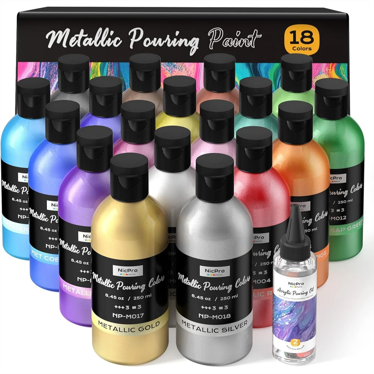 Metallic Acrylic Pour Paint Kit, 18 Colors 8.45oz Each, Ready to Pour High Flow Paint with Silicone Oil, Gloves & Pipettes for
Metallic Acrylic Pour Paint Kit, 18 Colors 8.45oz Each, Ready to Pour High Flow Paint with Silicone Oil, Gloves & Pipettes for
