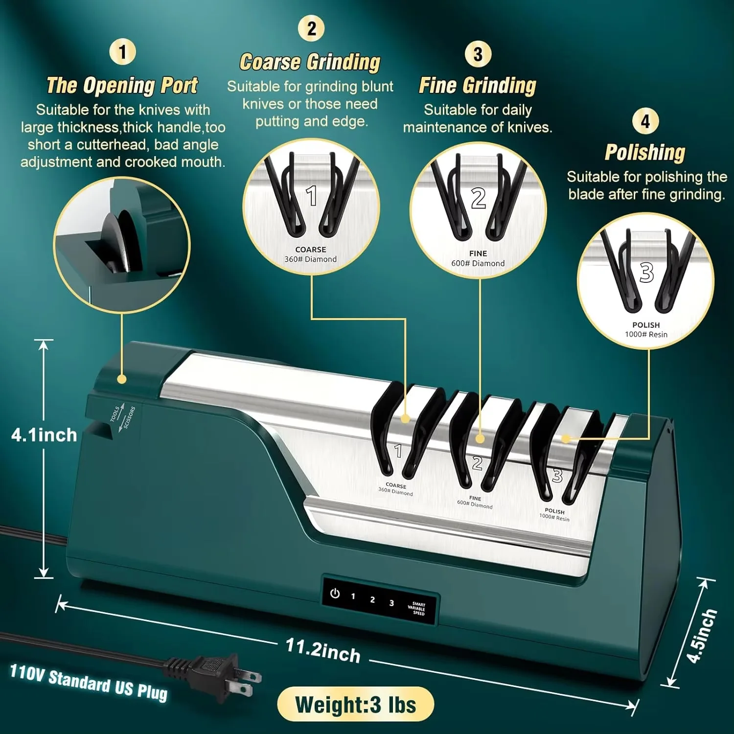 Electric knife sharpener, new three-stage resin diamond automatic speed regulation, professional kitchen tools, multi-functiona
Electric knife sharpener, new three-stage resin diamond automatic speed regulation, professional kitchen tools, multi-functiona