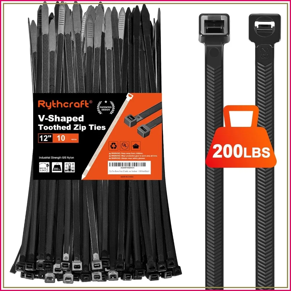 Heavy Duty Zip Ties 12 inch, 200LBS Tensile Strength, Double Sided V-Shaped Teeth, 80 Pack Black
Heavy Duty Zip Ties 12 inch, 200LBS Tensile Strength, Double Sided V-Shaped Teeth, 80 Pack Black