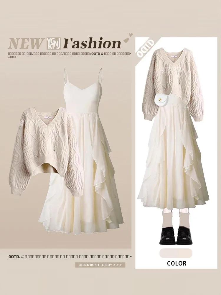 Soft Knitted Sweater And Halter Dress Two-Piece Set for Women Sweet Style Long Sleeve Autumn Casual Floral Patterned
Soft Knitted Sweater And Halter Dress Two-Piece Set for Women Sweet Style Long Sleeve Autumn Casual Floral Patterned
