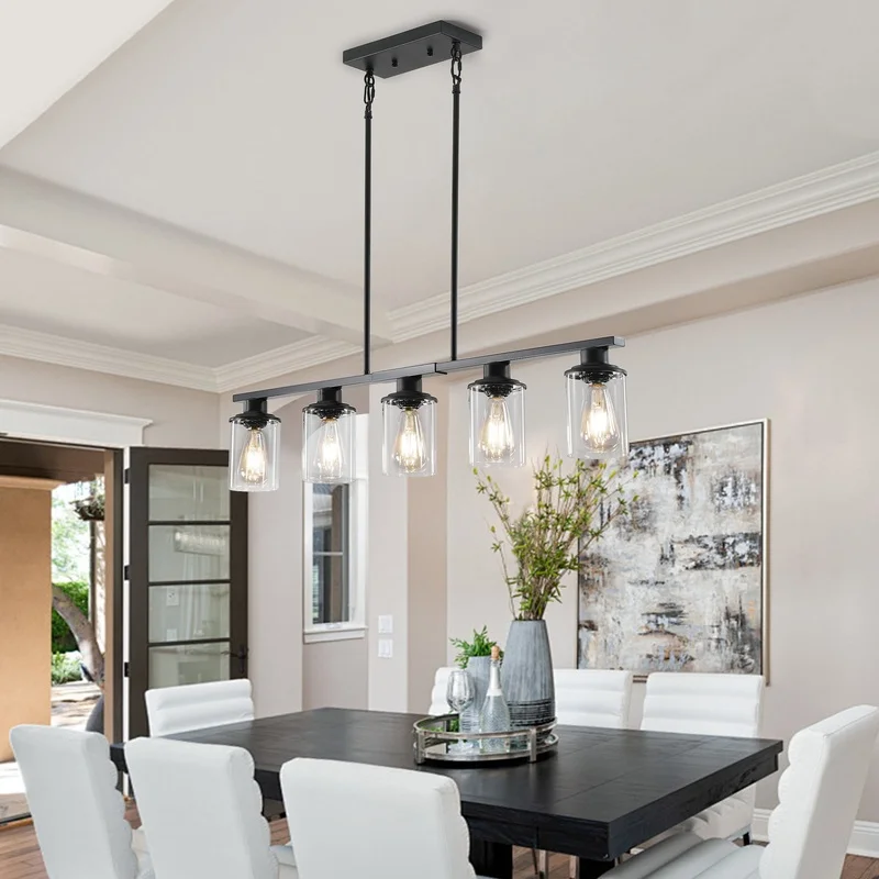 37" Modern Industrial 5-Light Chandelier, Matte Black Metal Frame, Clear Glass Shades, Ceiling Light for Dining Room, Kitchen Island, Living Room (Bulbs Not Included)
37" Modern Industrial 5-Light Chandelier, Matte Black Metal Frame, Clear Glass Shades, Ceiling Light for Dining Room, Kitchen Island, Living Room (Bulbs Not Included)
