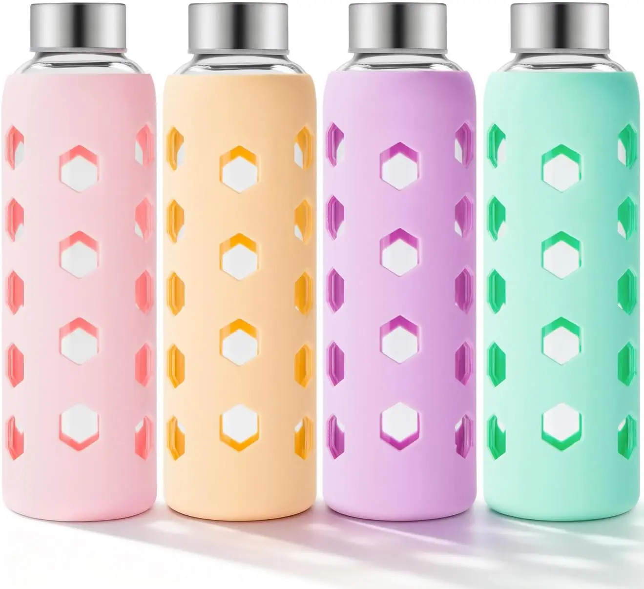 Glass Juice Bottles with Lids and Silicone Sleeves 18 oz, 4-Pack Reusable Clear Glass Water Bottles with Stainless Steel
Glass Juice Bottles with Lids and Silicone Sleeves 18 oz, 4-Pack Reusable Clear Glass Water Bottles with Stainless Steel