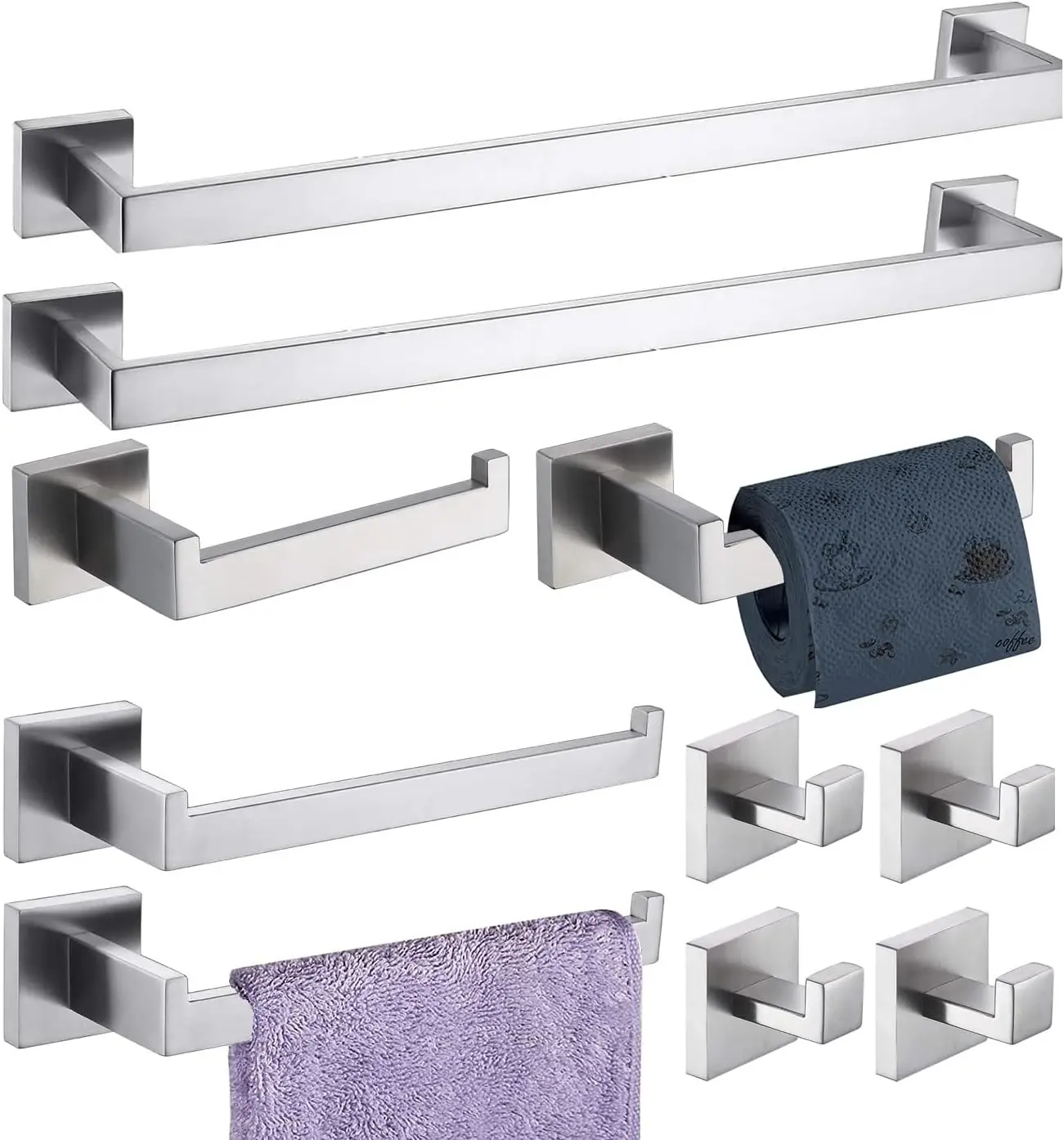10-Piece Brushed Nickel Bathroom Hardware Set: Towel Bars, Holders & Hooks in SUS304 Stainless Steel
10-Piece Brushed Nickel Bathroom Hardware Set: Towel Bars, Holders & Hooks in SUS304 Stainless Steel