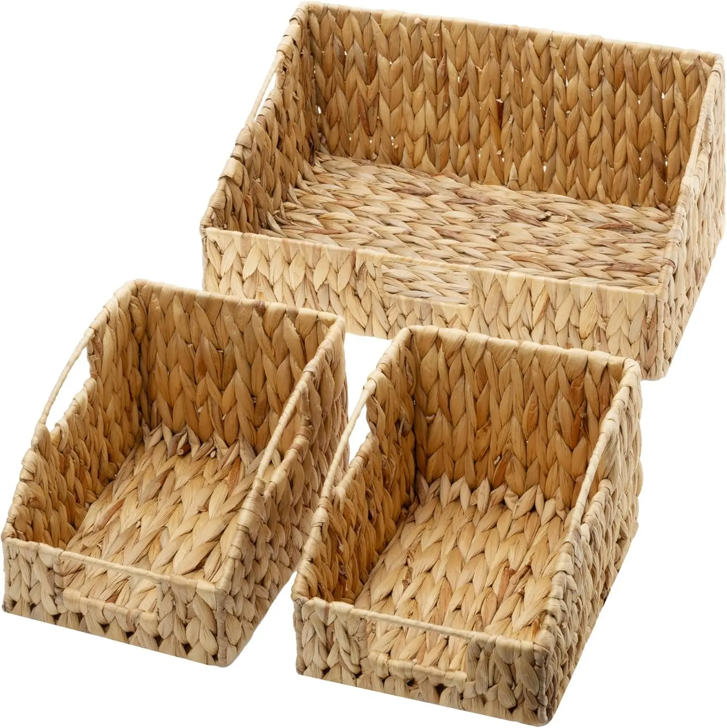 Water Hyacinth Wicker Storage Basket with Handles, Trapezoid Design for Shelves and Home Decor, 3-Pack
Water Hyacinth Wicker Storage Basket with Handles, Trapezoid Design for Shelves and Home Decor, 3-Pack