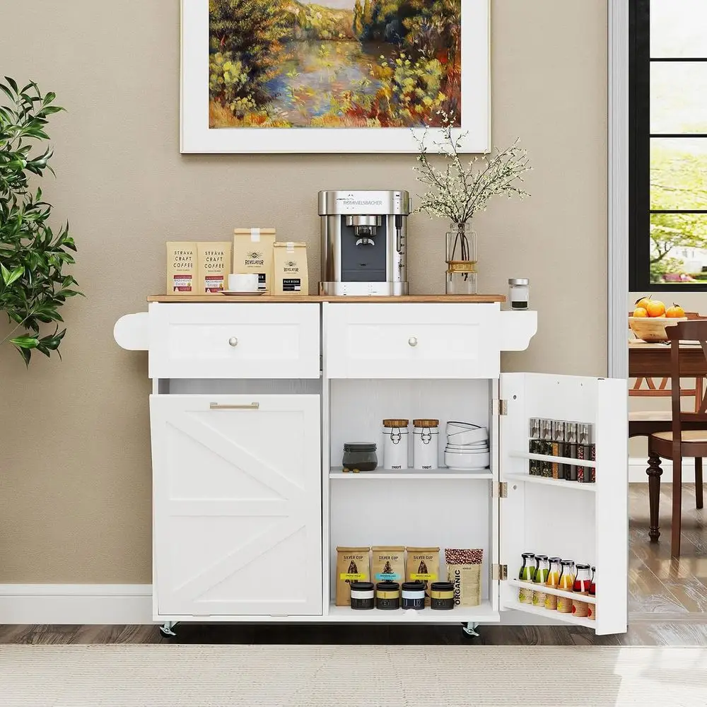 White Kitchen Island with Trash Storage, Drop Leaf Breakfast Bar, Towel Rack, 2 Drawers, Door Racks, 4 Wheels
White Kitchen Island with Trash Storage, Drop Leaf Breakfast Bar, Towel Rack, 2 Drawers, Door Racks, 4 Wheels