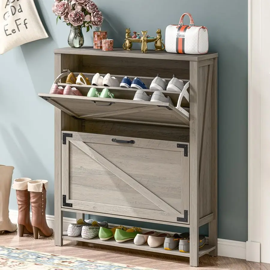 Cabinet with 2 Flip Drawers, 5 Tier Farmhouse Shoe Storage Cabinet for Entryway, Narrow Slim Shoe Cabinet, Rustic Grey Freestan
Cabinet with 2 Flip Drawers, 5 Tier Farmhouse Shoe Storage Cabinet for Entryway, Narrow Slim Shoe Cabinet, Rustic Grey Freestan