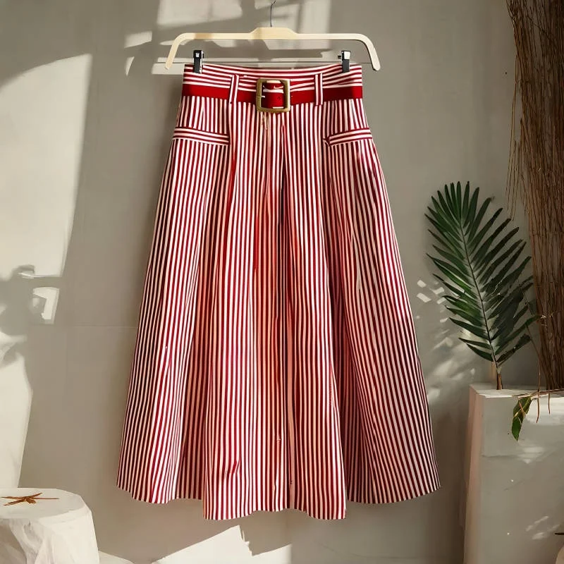 Red Striped Skirt Women Spring Summer High Waist A-Line Skirt Ladies Casual Mid-length Skirt With Belt
Red Striped Skirt Women Spring Summer High Waist A-Line Skirt Ladies Casual Mid-length Skirt With Belt