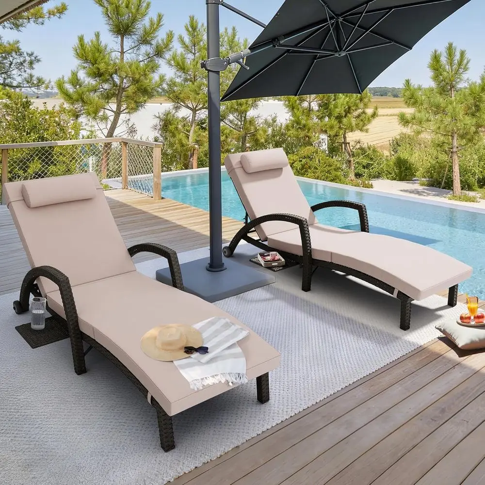 Chairs Set o 2, 5 Levels Adjustable Wicker Patio Pool Lounge Chair with Cushion, Pillow, Side Tray and Rubber Wheels or Backyard
Chairs Set o 2, 5 Levels Adjustable Wicker Patio Pool Lounge Chair with Cushion, Pillow, Side Tray and Rubber Wheels or Backyard
