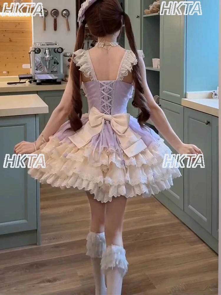 Sweet Cute Elegant Lace Stitching Bow Waist Lolita Suspender Dress Female Cake Princess Birthday Puffy Purple Dresses Women
Sweet Cute Elegant Lace Stitching Bow Waist Lolita Suspender Dress Female Cake Princess Birthday Puffy Purple Dresses Women