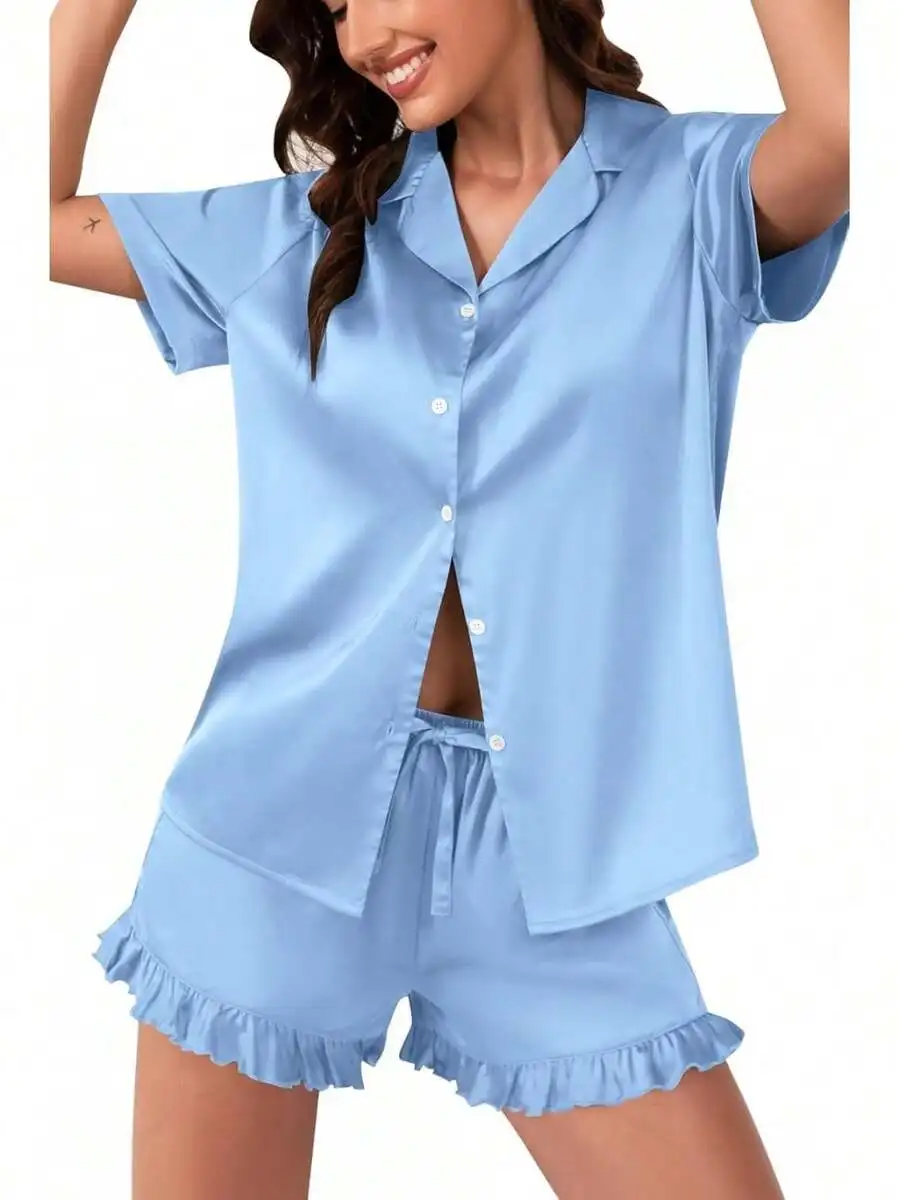 Womens Satin Button Down Pajama Set With Ruffle Shorts Sleepwear
Womens Satin Button Down Pajama Set With Ruffle Shorts Sleepwear