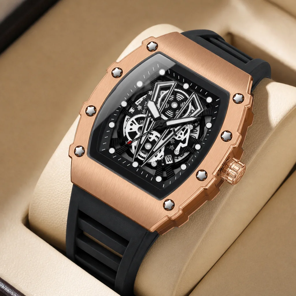 1pcs Men's black dial silicone strap vintage fashion tonneau case skeleton sporty details Quartz Watch for daily business party
1pcs Men's black dial silicone strap vintage fashion tonneau case skeleton sporty details Quartz Watch for daily business party