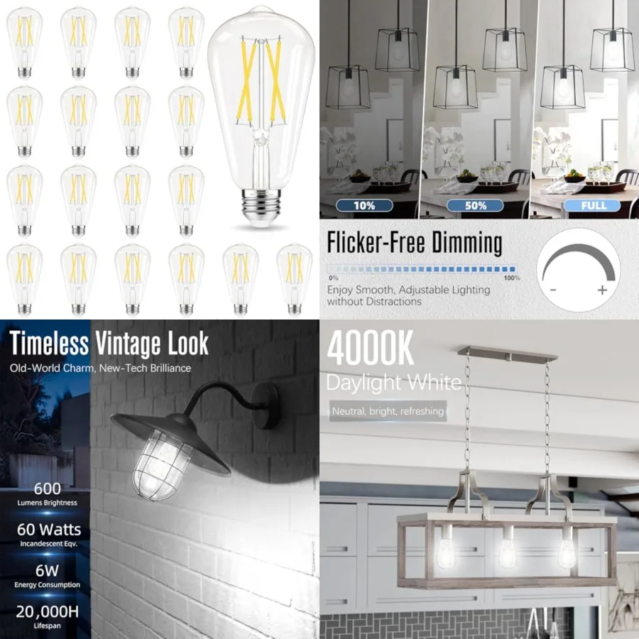 Edison Bulbs 60 watt Equivalent LED, E26 Bulb Dimmable, 4000K, ST58 Vintage Light Bulbs, 90+ CRI, 6W 600LM, E26 Medium Base, Cl
Edison Bulbs 60 watt Equivalent LED, E26 Bulb Dimmable, 4000K, ST58 Vintage Light Bulbs, 90+ CRI, 6W 600LM, E26 Medium Base, Cl