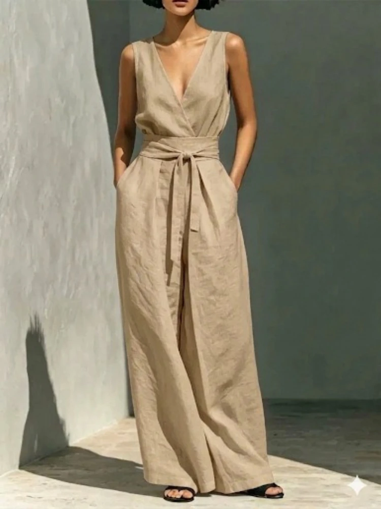 Summer New Fashion Solid for Women Casual Sleeveless V Neck Lace-Up Wide Leg Pants Jumpsuits Lady Holiday Womens Clothing
Summer New Fashion Solid for Women Casual Sleeveless V Neck Lace-Up Wide Leg Pants Jumpsuits Lady Holiday Womens Clothing