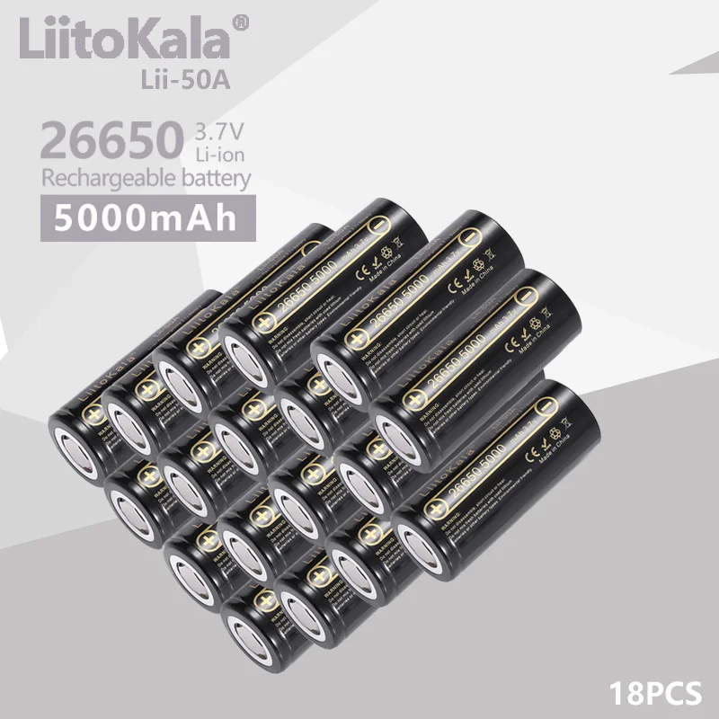 18PCS LiitoKala High Capacity 26650 5000mAh 3.7v Li-ion Rechargeable Battery 26650-50A battery for Flashlight 20A new packing
18PCS LiitoKala High Capacity 26650 5000mAh 3.7v Li-ion Rechargeable Battery 26650-50A battery for Flashlight 20A new packing