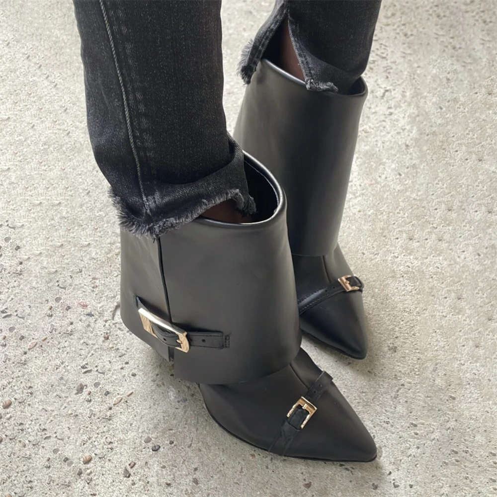 Metallic Fastener Wedge Booties Punk Style Pointed Toe Ankle Boots Apricot Black Leather Modern Boots for Women Customized Color
Metallic Fastener Wedge Booties Punk Style Pointed Toe Ankle Boots Apricot Black Leather Modern Boots for Women Customized Color