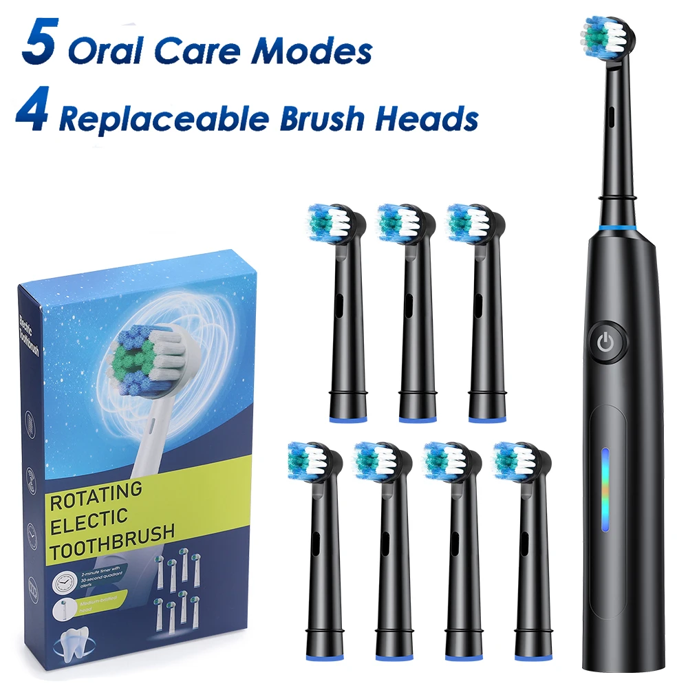 Роторная электрическая зубная щетка, перезаряжаемая зубная щетка для взрослых, 5 режимов, глубокая чистка, отбеливающая зубная щетка с 4 сменными головками
Роторная электрическая зубная щетка, перезаряжаемая зубная щетка для взрослых, 5 режимов, глубокая чистка, отбеливающая зубная щетка с 4 сменными головками