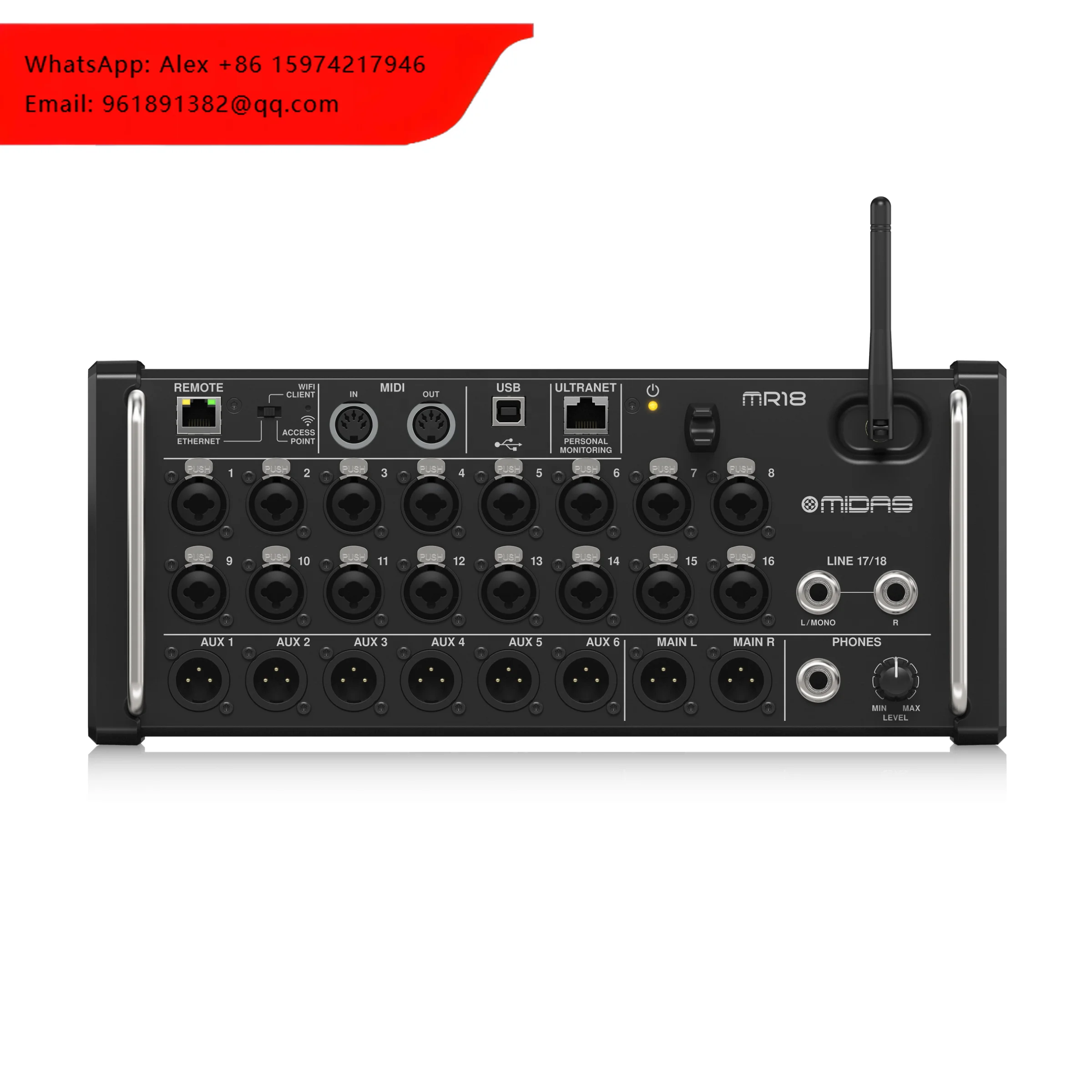 Midas MR18 18 Input 6 Bus Rack Mount Tablet Control Digital Mixer Metal 16 PRO Preamps Integrated WiFi DSP MIDI USB Interface
Midas MR18 18 Input 6 Bus Rack Mount Tablet Control Digital Mixer Metal 16 PRO Preamps Integrated WiFi DSP MIDI USB Interface