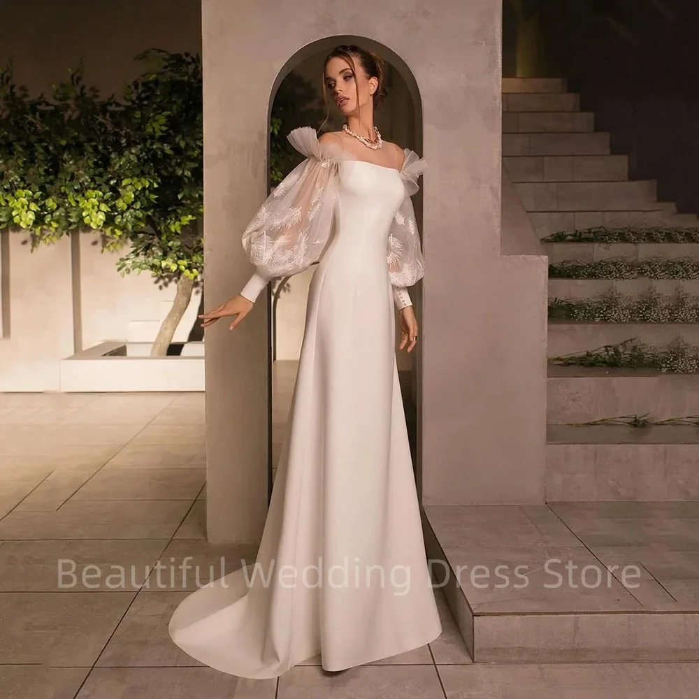 Graceful O Neck Satin Wedding Dresses For Women Off Shoulder Long Sleeves Sweep Train Princess A Line Formal Bridal Gowns
Graceful O Neck Satin Wedding Dresses For Women Off Shoulder Long Sleeves Sweep Train Princess A Line Formal Bridal Gowns