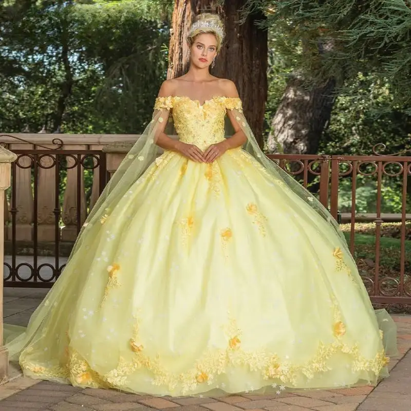Customized Yellow Princess with Cape 15 Quinceanera Ball Gown Flower Appliques Tull Off the Shoulder Lace up Vestidos De
Customized Yellow Princess with Cape 15 Quinceanera Ball Gown Flower Appliques Tull Off the Shoulder Lace up Vestidos De