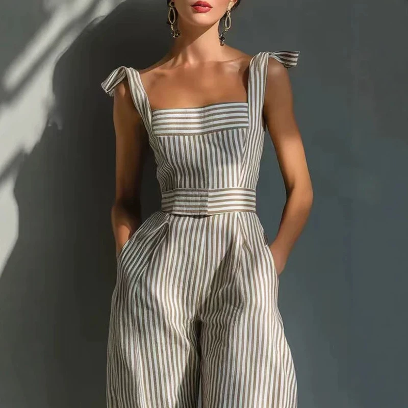 Women's Summer Backless Zipper Overalls Sexy Striped Print Office Jumpsuits 2026 Spring Square Collar Tie-up Bow Sling Playsuits
Women's Summer Backless Zipper Overalls Sexy Striped Print Office Jumpsuits 2026 Spring Square Collar Tie-up Bow Sling Playsuits