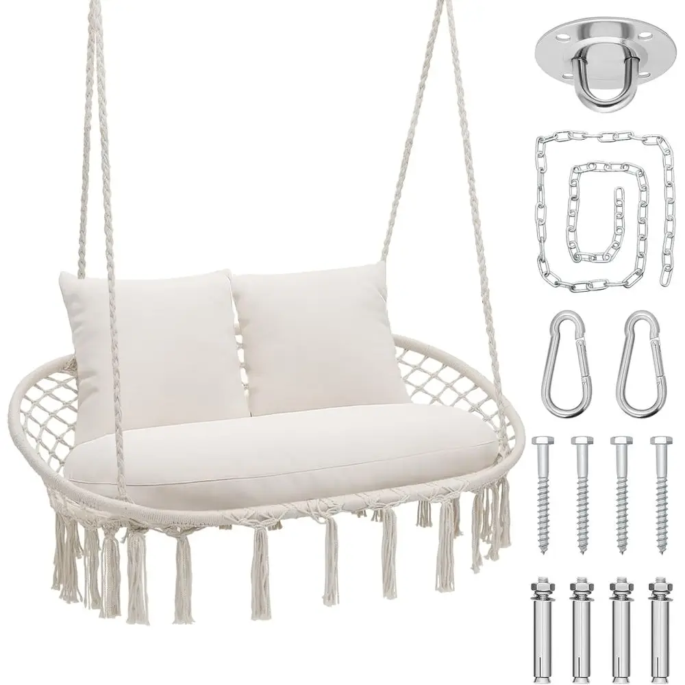 Durable Double Hammock Swing with 3 Cushions, 700 lbs Capacity, Suitable for Indoor and Outdoor, Beige Cotton Mesh
Durable Double Hammock Swing with 3 Cushions, 700 lbs Capacity, Suitable for Indoor and Outdoor, Beige Cotton Mesh