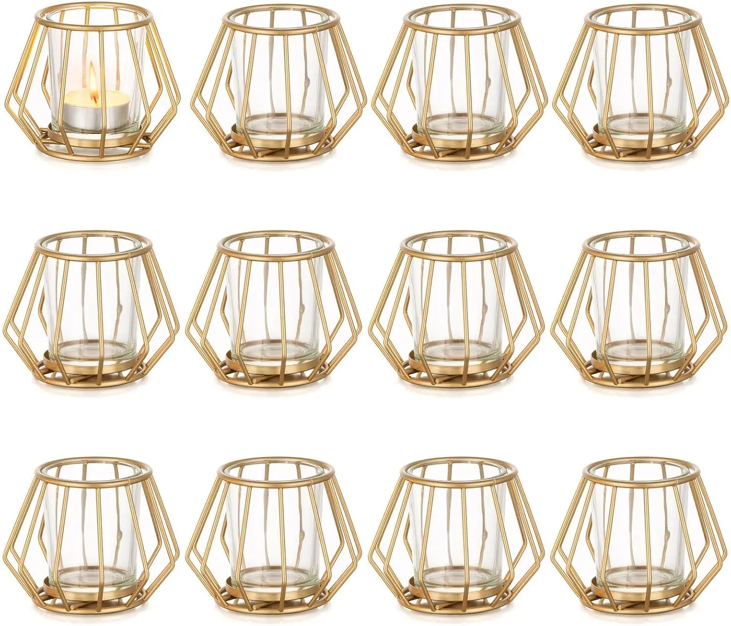 Geometric Tealight Candle Holders Set of 12 - Metal Votive Stands with Glass Cups for Wedding Centerpiece Table Decor, Gold
Geometric Tealight Candle Holders Set of 12 - Metal Votive Stands with Glass Cups for Wedding Centerpiece Table Decor, Gold