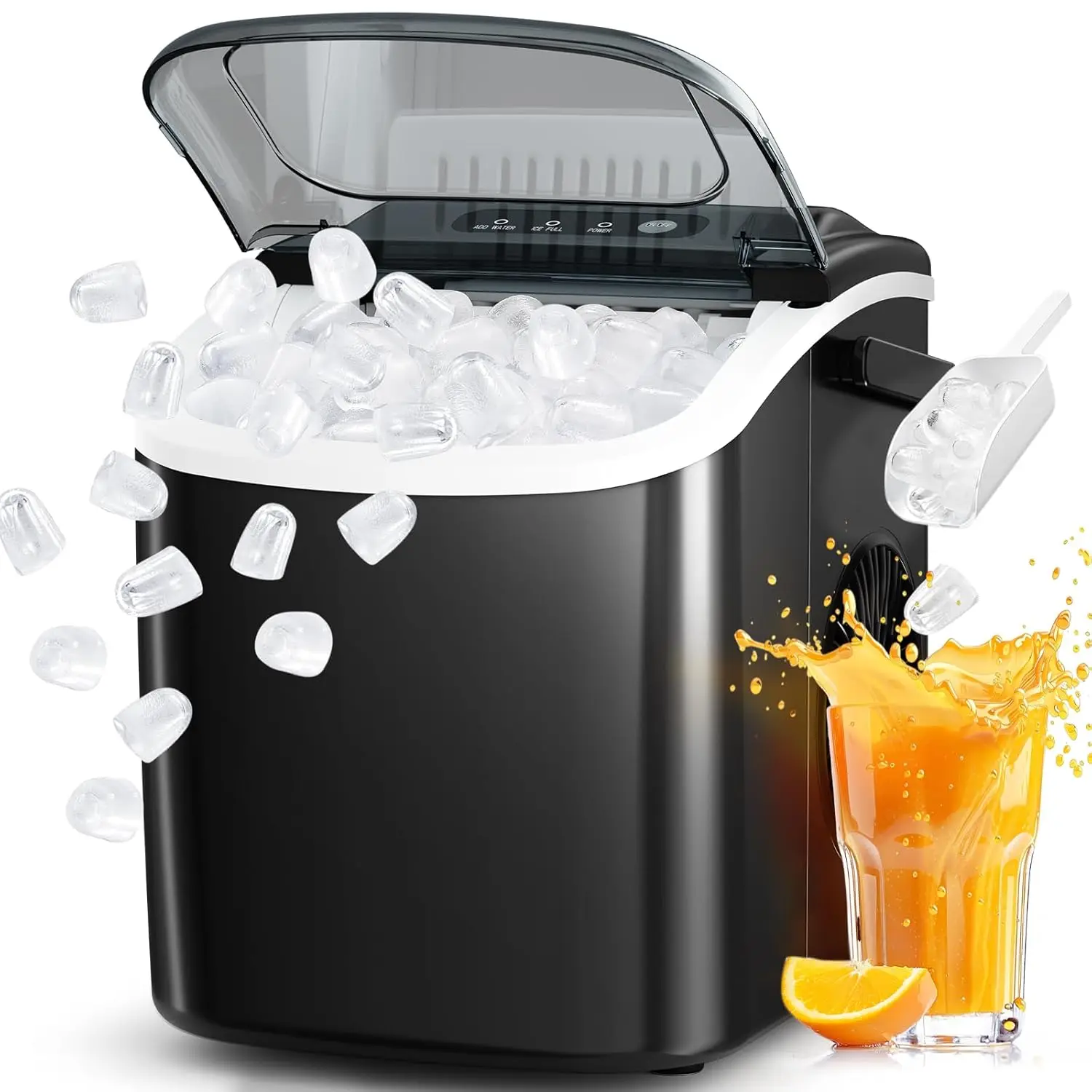 Portable Countertop Ice Maker, 26Lbs/Day, 9 Cubes in 6 Mins, Self-Cleaning with Scoop and Basket, Black
Portable Countertop Ice Maker, 26Lbs/Day, 9 Cubes in 6 Mins, Self-Cleaning with Scoop and Basket, Black
