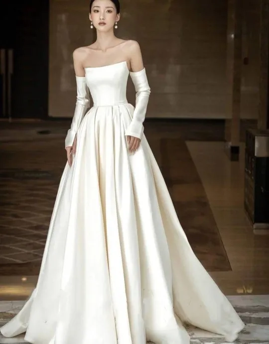Wedding Dresses Satin Off Shoulder Full Sleeves Strapless Boat Neckline A Line Long Floor Length Bride Gowns Women Bridal Dress
Wedding Dresses Satin Off Shoulder Full Sleeves Strapless Boat Neckline A Line Long Floor Length Bride Gowns Women Bridal Dress