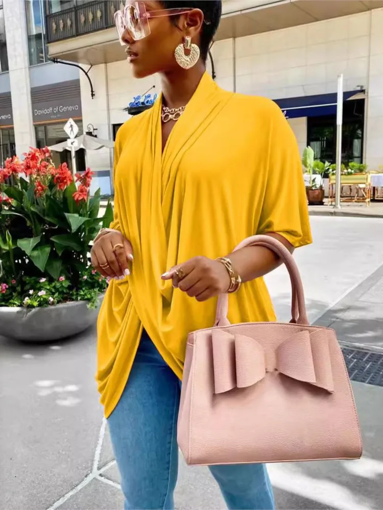 Summer Blusas Short Sleeve Tops T Shirt Tees Loose Cross V-link Solid Color All-match Simple Style Commuting Temperament Casual
Summer Blusas Short Sleeve Tops T Shirt Tees Loose Cross V-link Solid Color All-match Simple Style Commuting Temperament Casual